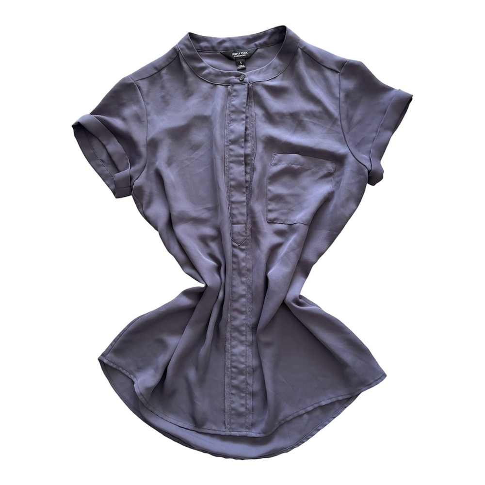 Simply Vera Wang Blouse Womens Small Gray Short Sleeve Button Front Top